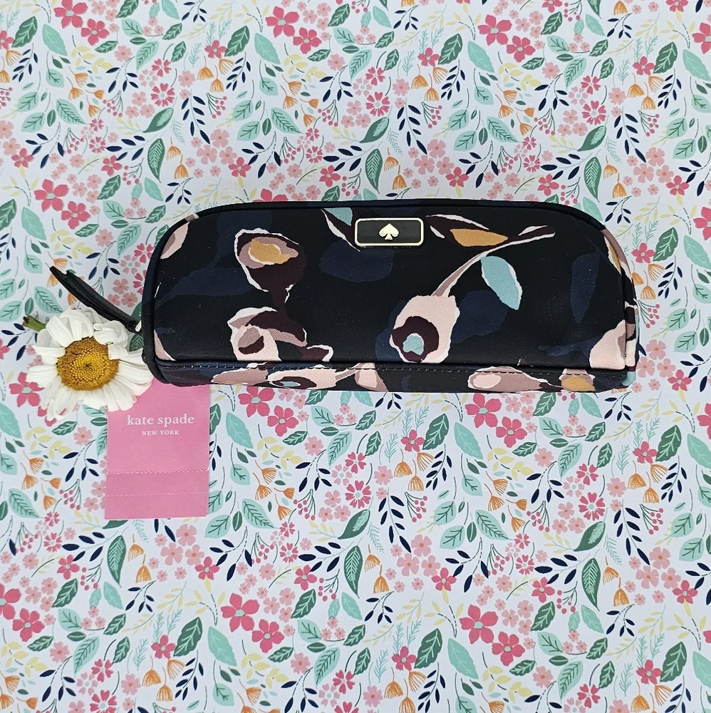 KATE SPADE Dawn Paper Rose Pencil Case- Black Multicolor NWT